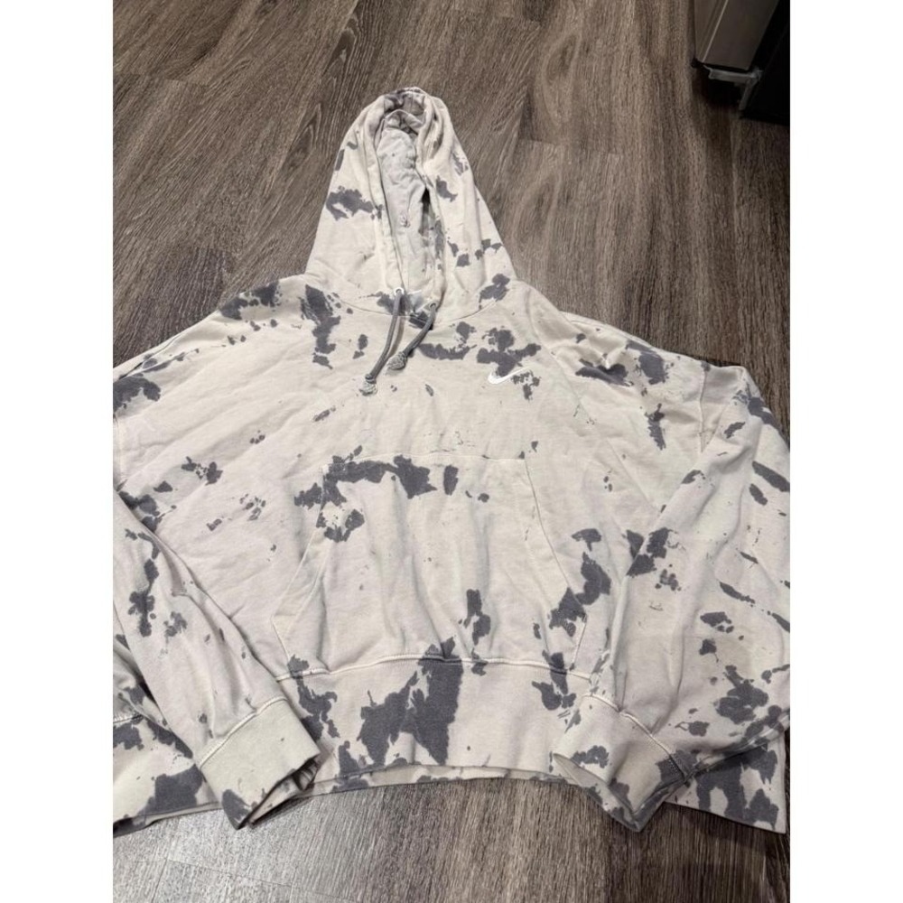 Nike Womens Tie Dye Cropped Hoodie Grey Cream Swoosh Pullover Medium